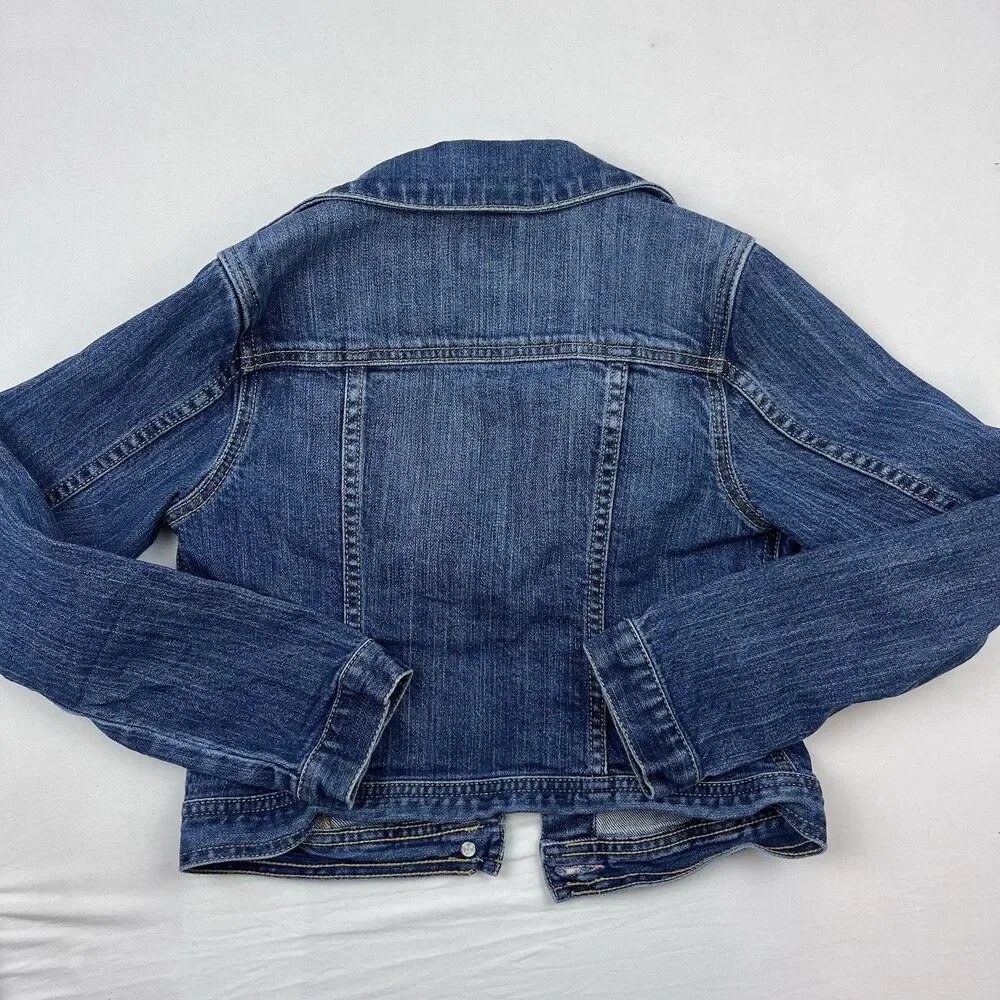 GapKids Girls Medium 8 Blue Denim Jean Jacket Pink Contrast Trim Accent Button